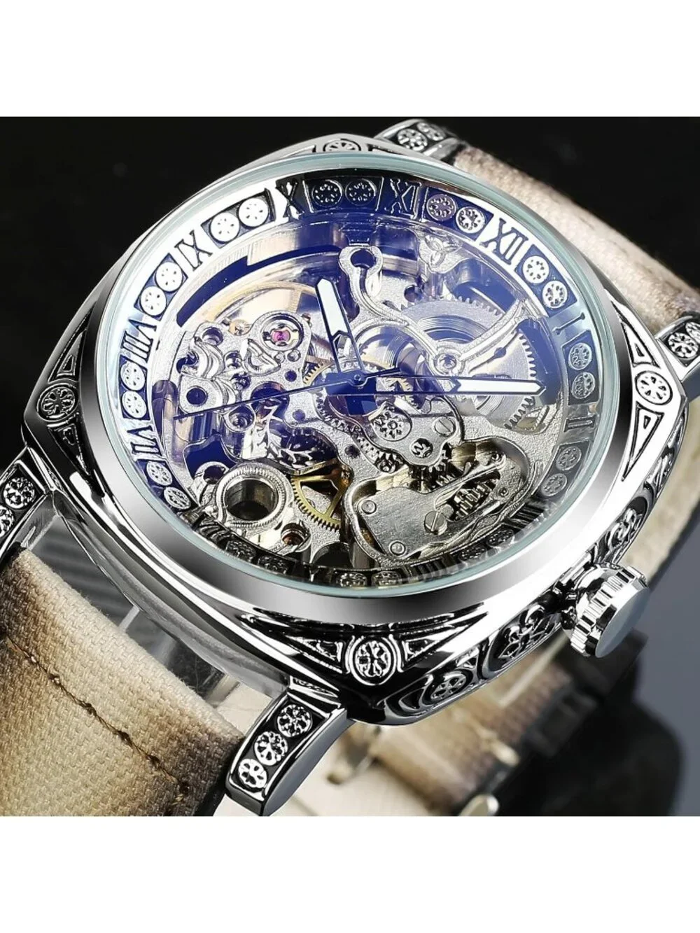 Men's Beige Brown Mechanical Leather Strap Self-Wind Carved Automatic Watch